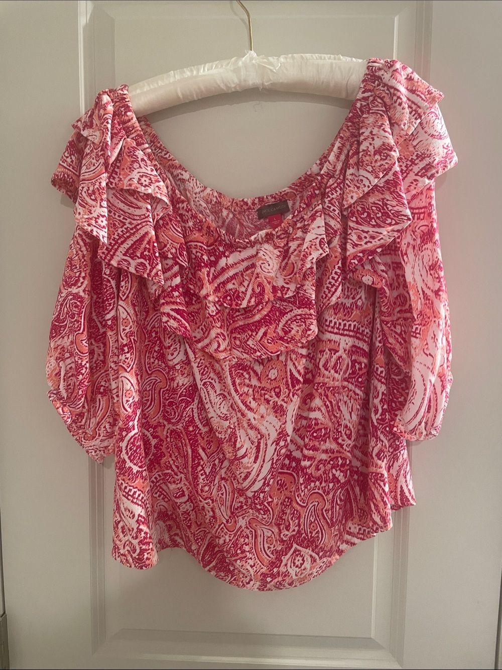 Vince Camuto Pink Paisley Ruffle Off-Shoulder Top